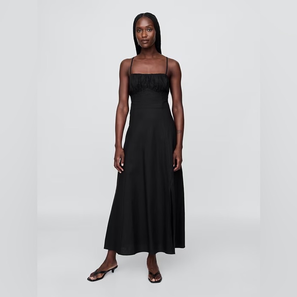 NWT! GAP Black Linen-Blend Shirred Bodice Maxi Dress - Size Small TALL 779365 🪂
